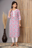 Snowhite  Pink Grey   Floral  Cotton Kurti