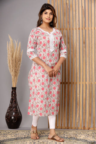 Snowhite  Peach Grey  Floral  Cotton Kurti