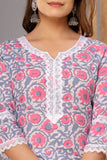 Snowhite  Pink Grey   Floral  Cotton Kurti