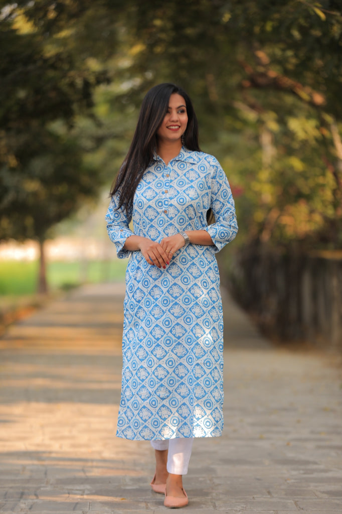 Noor Light Blue Collar Style Cotton Kurti – Preppy Apparels