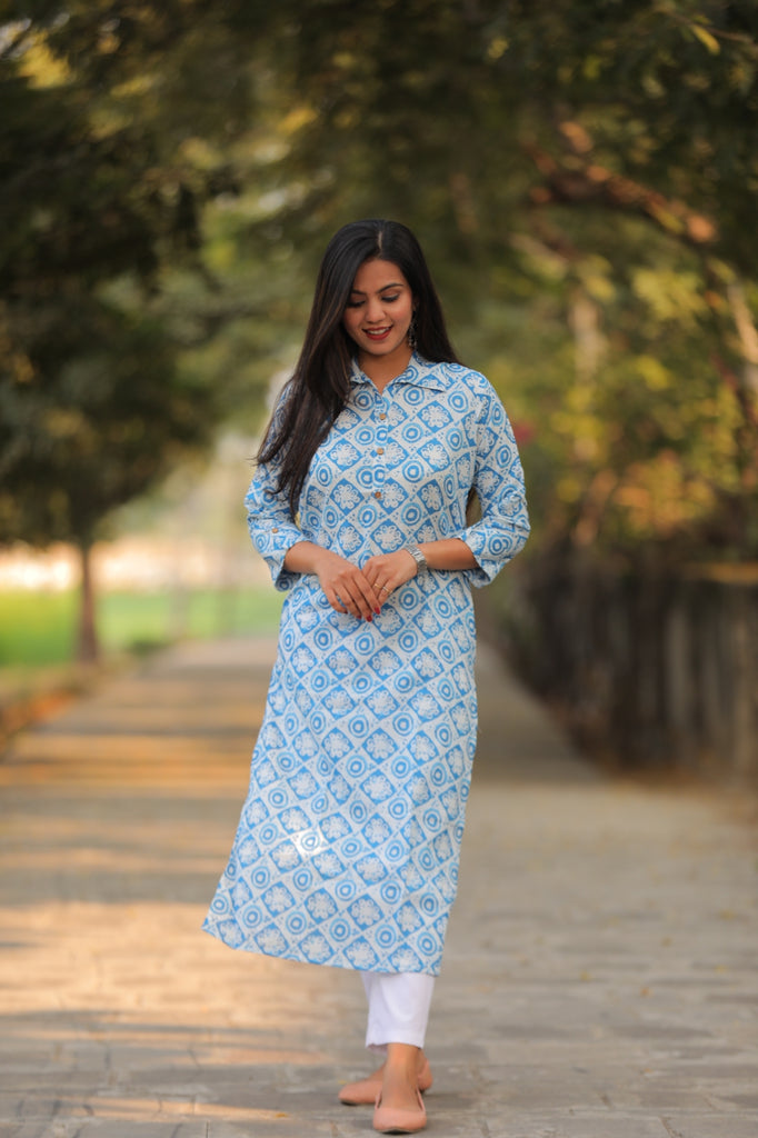 Noor Light Blue Collar Style Cotton Kurti – Preppy Apparels