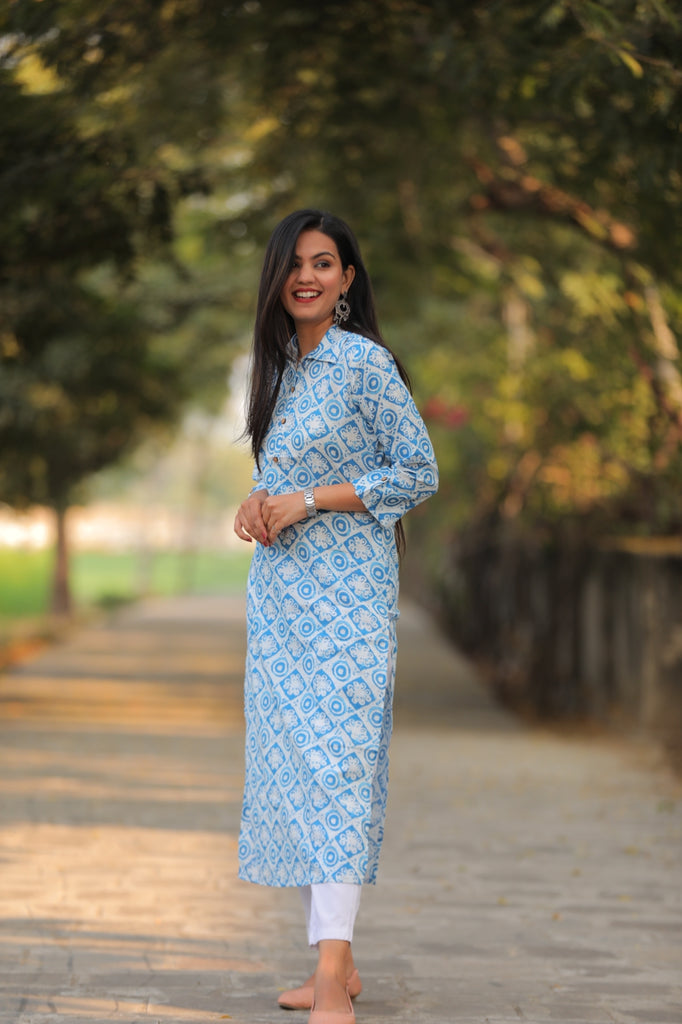 Beautiful Printed cotton Kurti with shawl collar and asymetric bell  sleeves. | Long kurti designs, Kurta neck design, Stylish dress designs