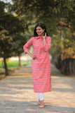 Noor Coral White Flowers Collar Style Cotton Kurti
