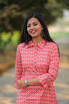 Noor Coral White Flowers Collar Style Cotton Kurti
