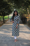 Noor Blue Mix Flowers Collar Style Cotton Kurti
