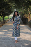 Noor Blue Mix Flowers Collar Style Cotton Kurti