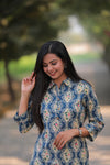 Noor Blue Mix Flowers Collar Style Cotton Kurti
