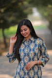 Noor Blue Mix Flowers Collar Style Cotton Kurti