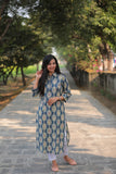 Noor Blue Mix Flowers Collar Style Cotton Kurti