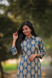 Noor Blue Mix Flowers Collar Style Cotton Kurti