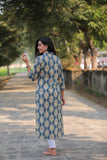 Noor Blue Mix Flowers Collar Style Cotton Kurti