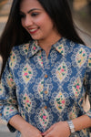 Noor Blue Mix Flowers Collar Style Cotton Kurti