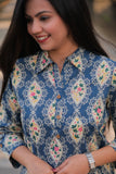 Noor Blue Mix Flowers Collar Style Cotton Kurti
