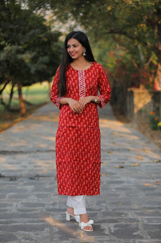 Red Abstract Block Printed Knee Length Cotton Kurti – Fabru