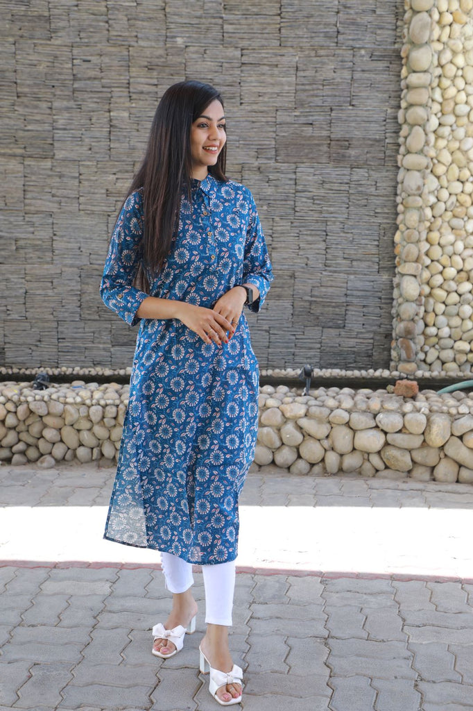 Cotton Flex Collar Neck Printed Long Designer Kurti at Rs 630 in Jaipur