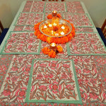 Ferozi Peach Mix Cotton Handblock Printed 6 seater Dining table cover with 6 full printed Napkins