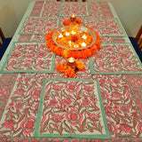 Ferozi Peach Mix Cotton Handblock Printed 6 seater Dining table cover with 6 full printed Napkins