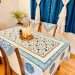 Blue bells Cotton Handblock Printed 6 seater Dining table cover with 6 full printed Napkins