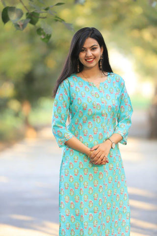 Udaan -Ferozi Floral  Cotton Kurti